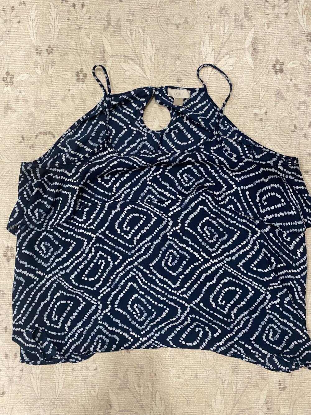 LOFT Navy and White Dotted Spiral Ruffle Halter Top
